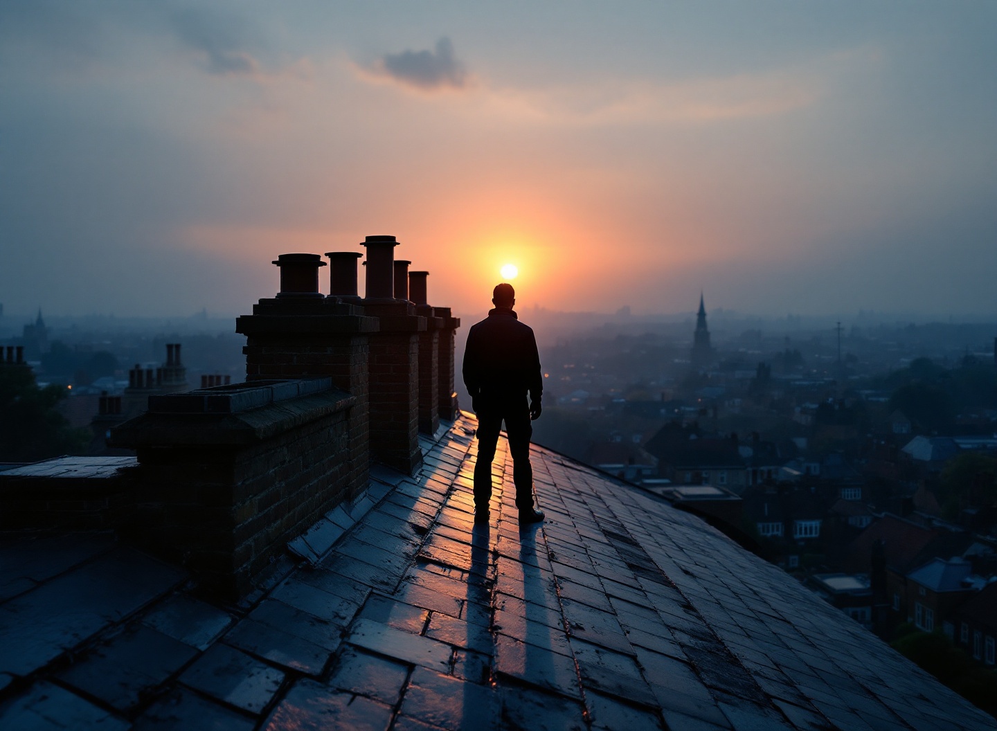 A roofer silhouetted on a Victorian rooftop ridge at golden dusk, sun flaring behind chimney pots